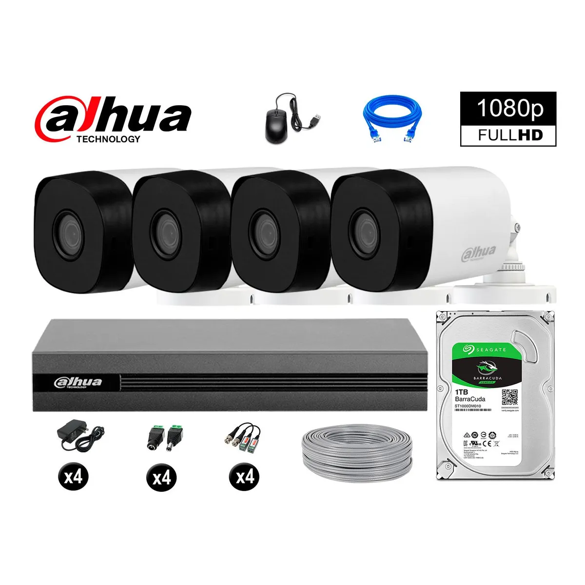 DAHUA - CÁMARAS DE SEGURIDAD EXTERIOR KIT 4 FULL HD 1080P + DISCO 1TB