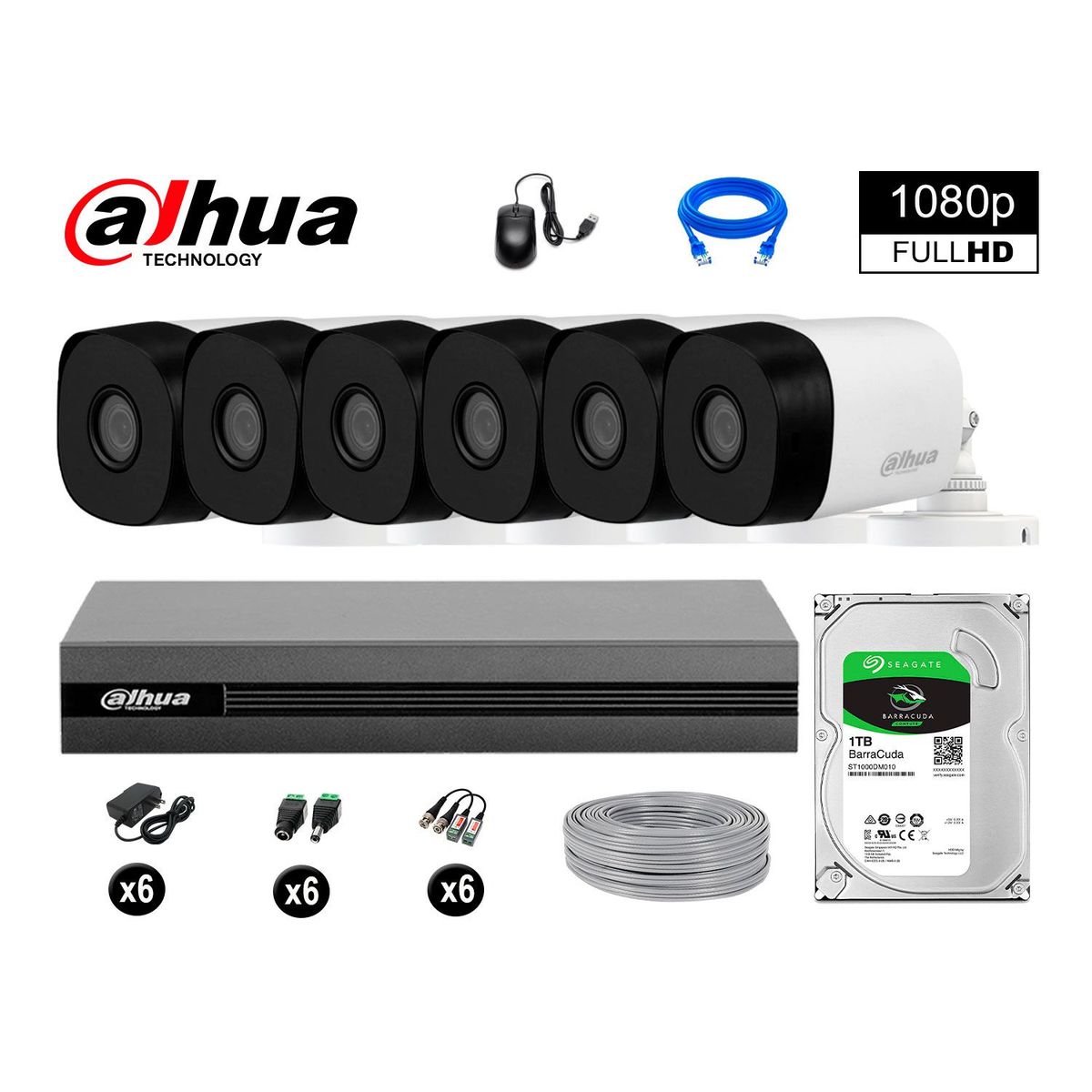 DAHUA - CÁMARAS DE SEGURIDAD EXTERIOR KIT 6 FULL HD 1080P + DISCO 1TB