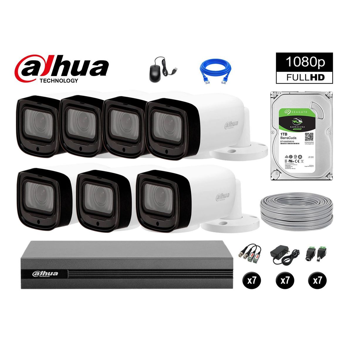 DAHUA - CÁMARAS SEGURIDAD EXTERIOR KIT 7 VARIFOCAL 1080P + DISCO 1TB P2P
