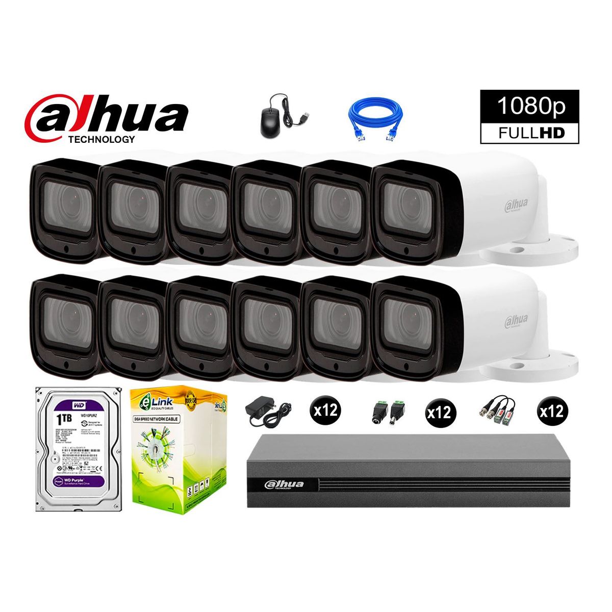 DAHUA - CÁMARAS SEGURIDAD EXTERIOR KIT 12 VARIFOCAL 1080P + DISCO 1TB WD