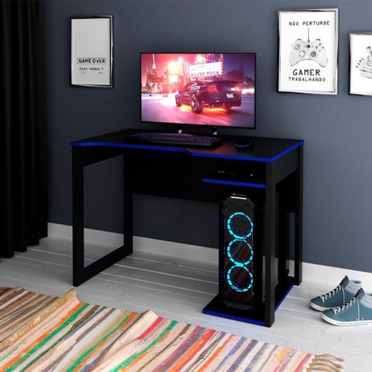 BONNO - Escritorio De Melamina Gamer Thonet Negro/Azul Bonno