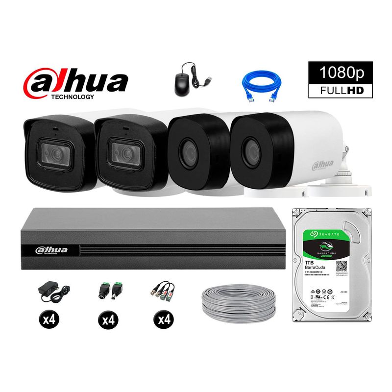 DAHUA - CÁMARAS SEGURIDAD 40M LARGO ALCANCE EXTERIOR KIT 4 FULL HD + DISCO 1TB