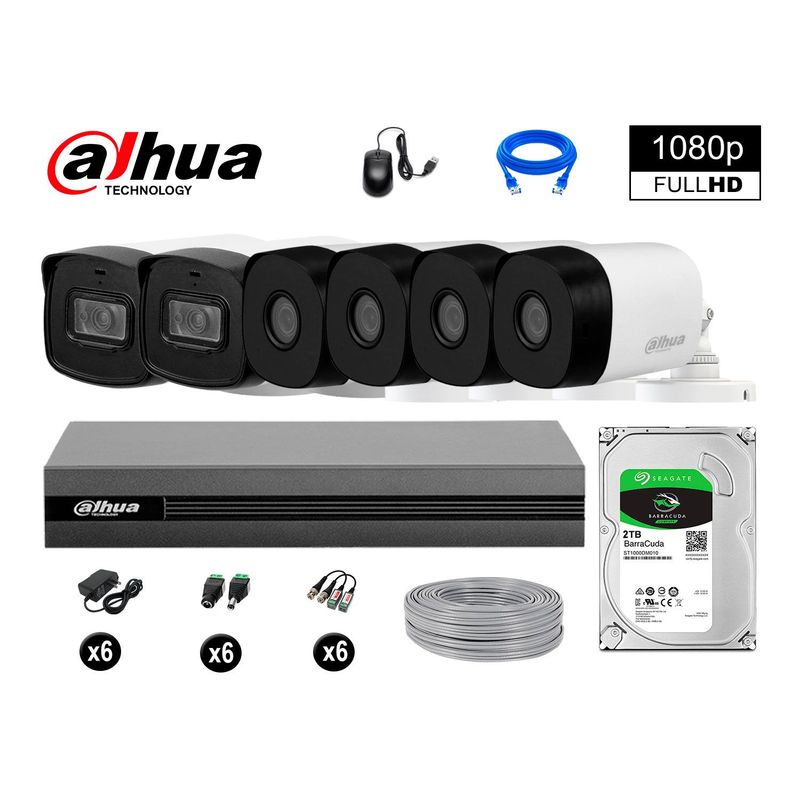DAHUA - CÁMARAS SEGURIDAD 40M LARGO ALCANCE EXTERIOR KIT 6 FULL HD + DISCO 2TB