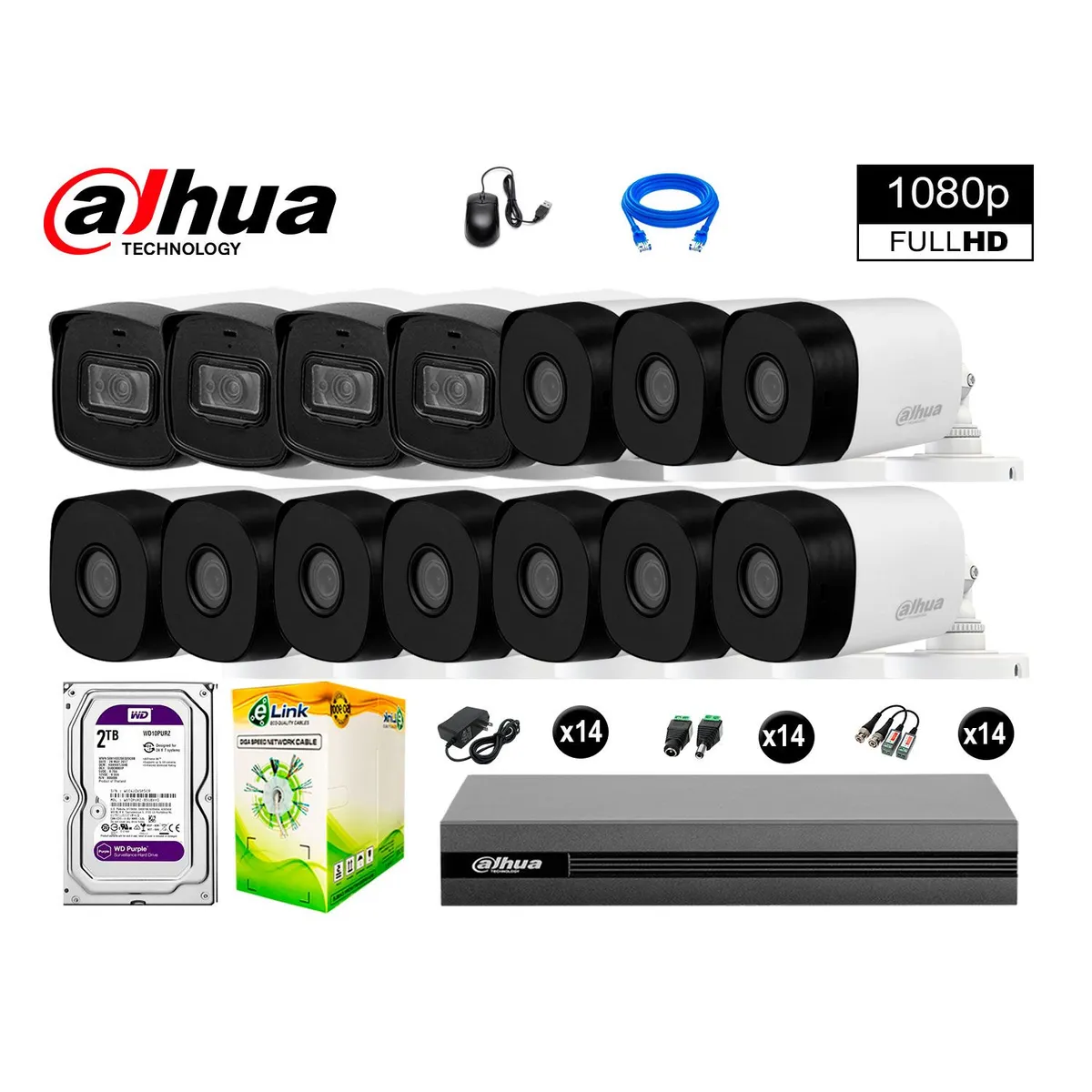 DAHUA - CÁMARAS SEGURIDAD 40M LARGO ALCANCE EXTERIOR KIT 14 FULL HD DISCO 2TB