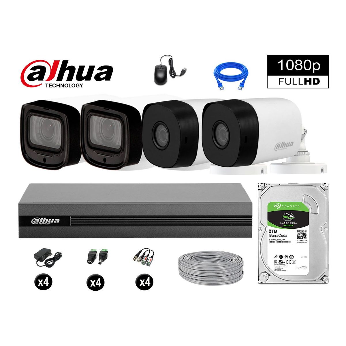 DAHUA - CÁMARAS SEGURIDAD EXTERIOR KIT 4 VARIFOCAL FULL HD + DISCO 2TB WD