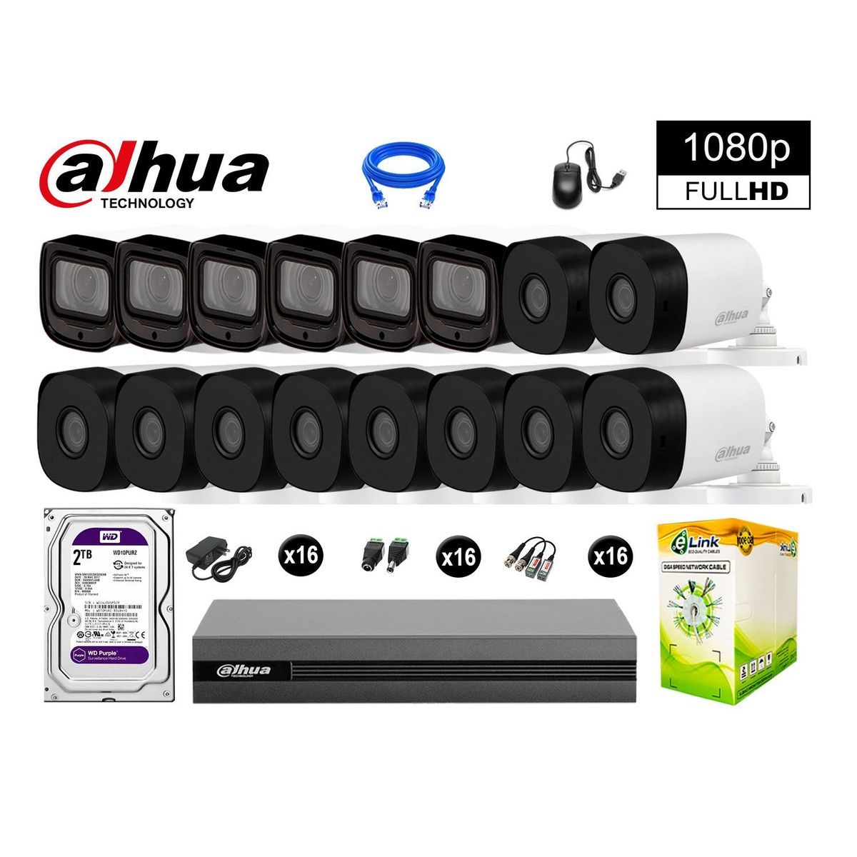 DAHUA - CÁMARAS SEGURIDAD EXTERIOR KIT 16 VARIFOCAL FULL HD + DISCO 2TB WD