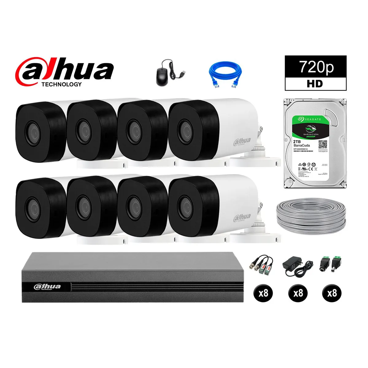 DAHUA - CÁMARAS DE SEGURIDAD EXTERIOR KIT 8 HD 720P + DISCO 2TB P2P