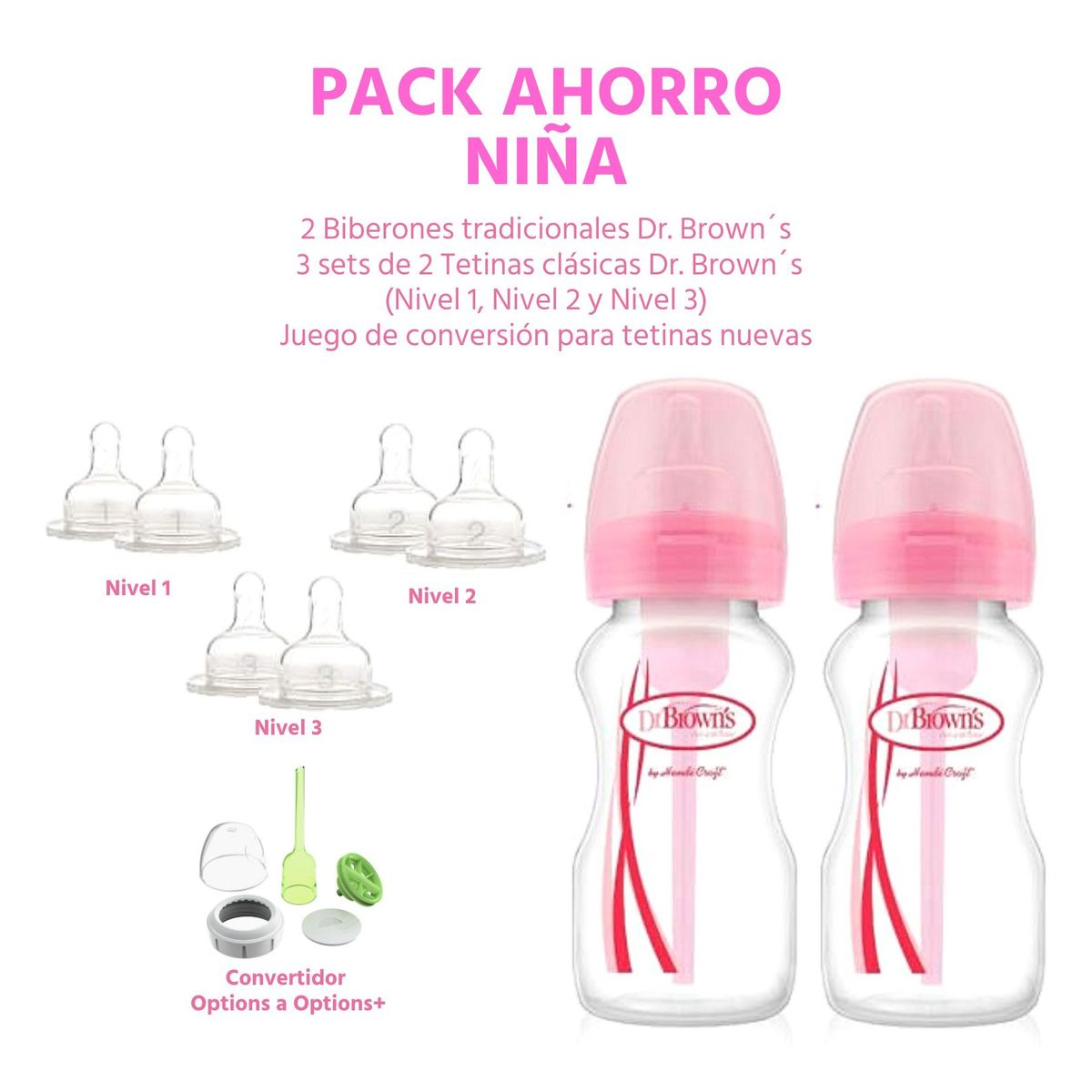 DR BROWNS - Pack Ahorro Niña Biberón Option Boca Ancha de Polipropileno