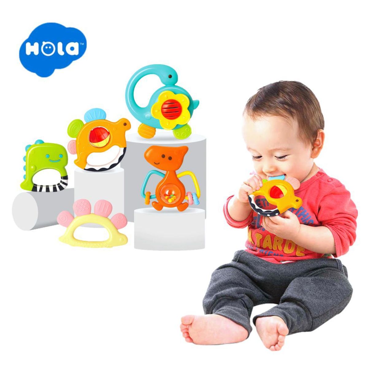 BABY - Set de 5 Juguetes Sonajeros y Mordedores de Dinosaurios