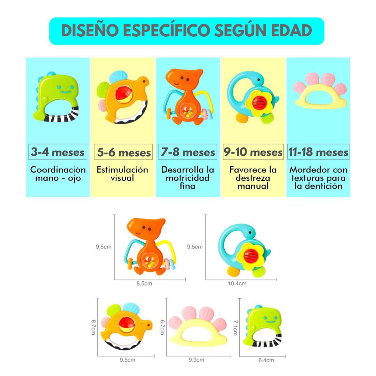 BABY - Set de 5 Juguetes Sonajeros y Mordedores de Dinosaurios