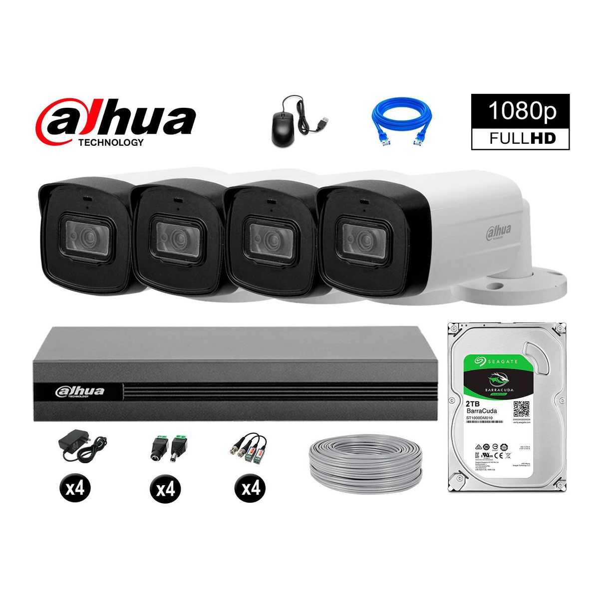 DAHUA - CÁMARAS SEGURIDAD 40M LARGO ALCANCE EXTERIOR KIT 4 FULL HD DISCO 2TB