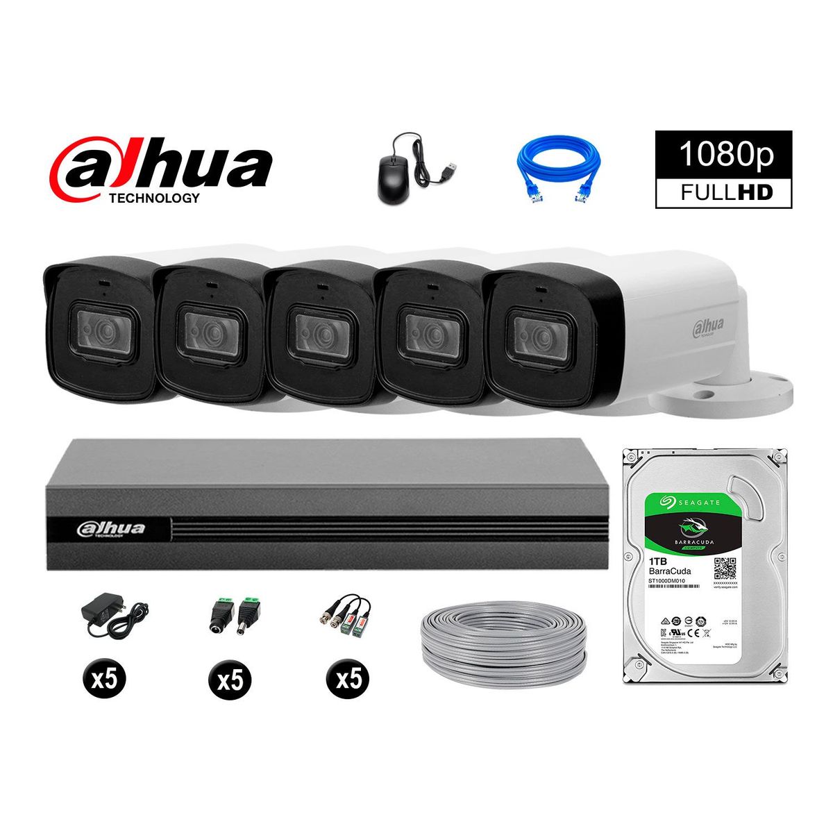 DAHUA - CÁMARAS SEGURIDAD 40M LARGO ALCANCE EXTERIOR KIT 5 FULL HD DISCO 1TB