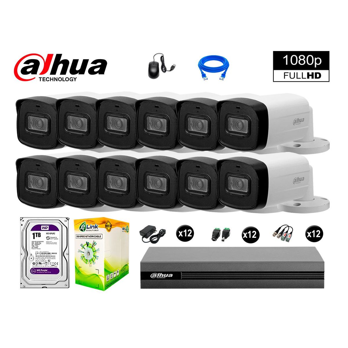 DAHUA - CÁMARAS SEGURIDAD 40M LARGO ALCANCE EXTERIOR KIT 12 1080P DISCO 1TB