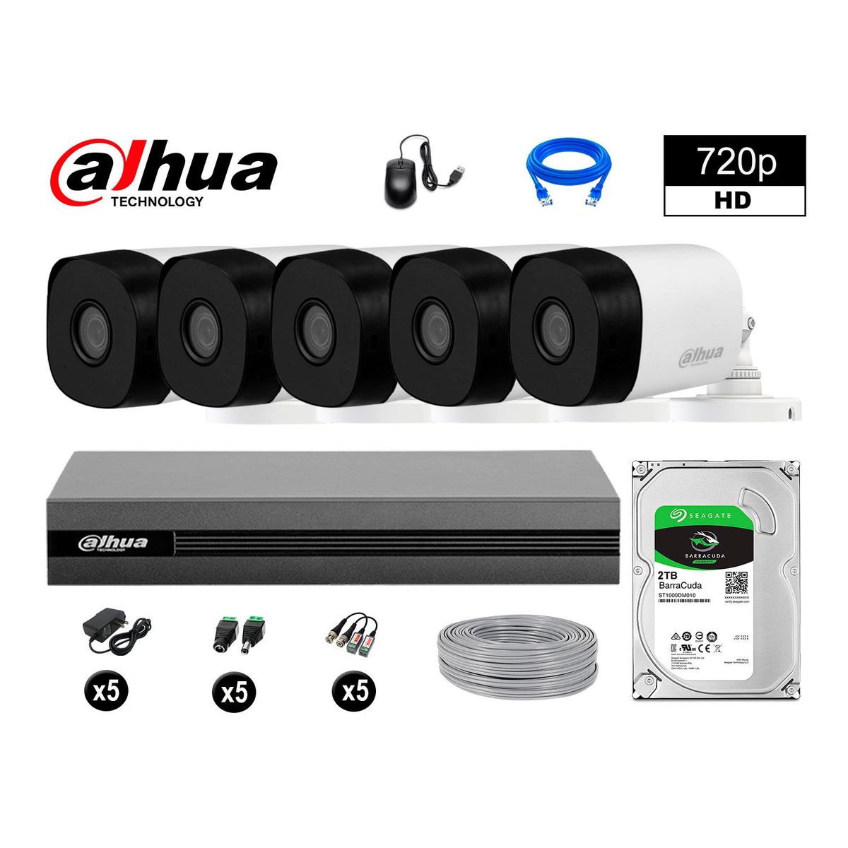 DAHUA - CÁMARAS DE SEGURIDAD EXTERIOR KIT 5 HD 720P + DISCO 2TB P2P