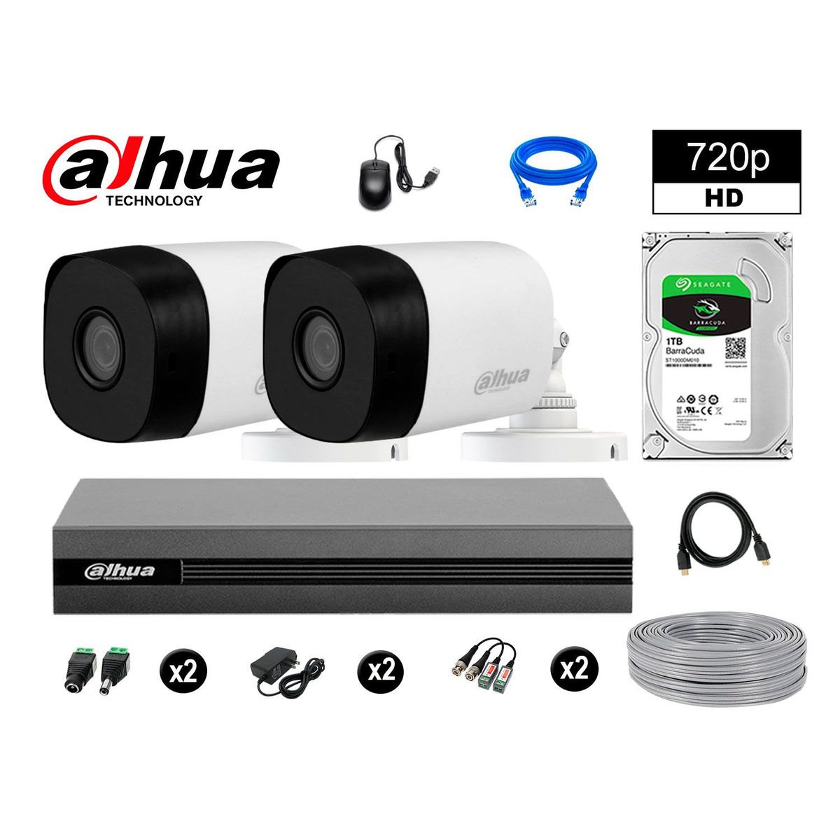 DAHUA - CÁMARAS DE SEGURIDAD EXTERIOR KIT 2 HD 720P + DISCO 1TB P2P