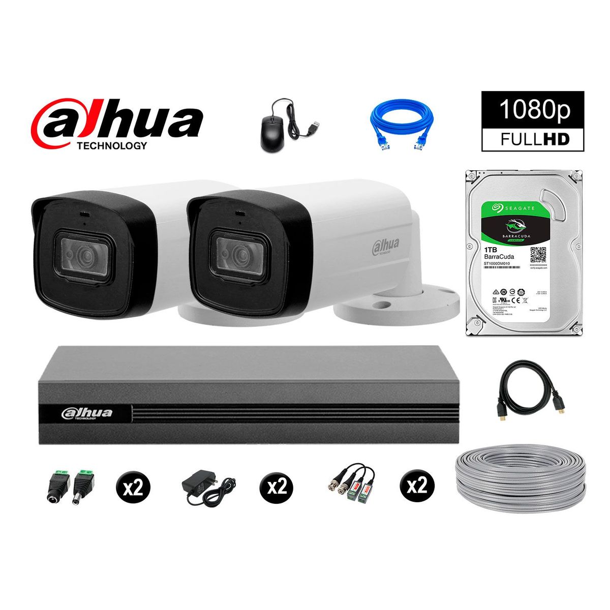 DAHUA - CÁMARAS SEGURIDAD 40M LARGO ALCANCE EXTERIOR KIT 2 FULL HD DISCO 1TB