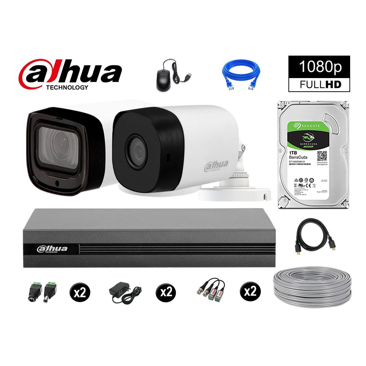 DAHUA - CÁMARAS SEGURIDAD EXTERIOR KIT 2 VARIFOCAL FULL HD + DISCO 1TB P2P