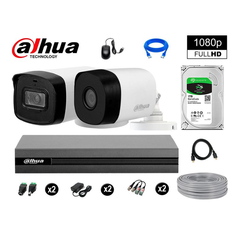 DAHUA - CÁMARAS SEGURIDAD 40M LARGO ALCANCE EXTERIOR KIT 2 FULL HD + DISCO 1TB