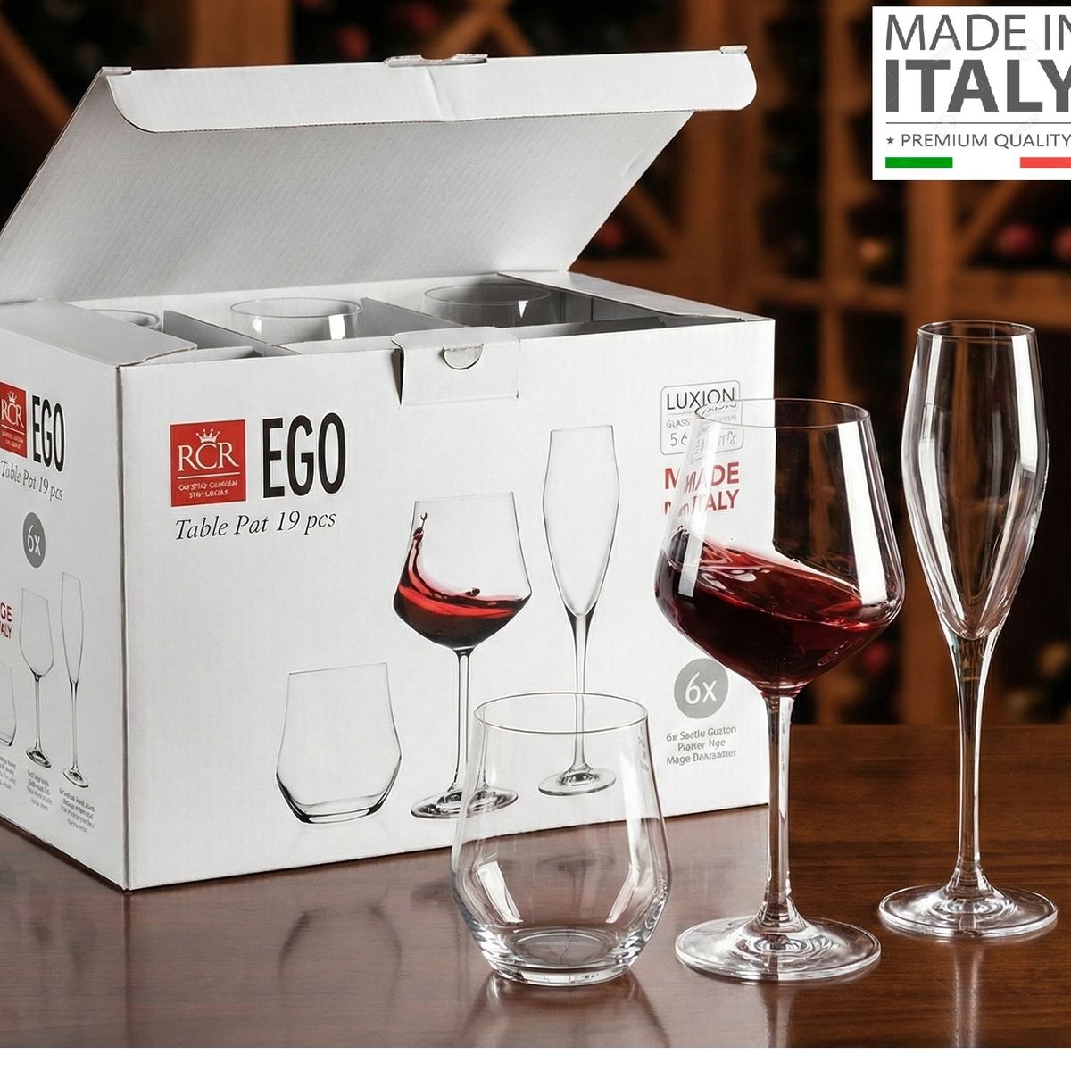 RCR - Set de Copas + Vasos 18 Piezas Modelo EGO - RCR - 100% Hecho en Italia