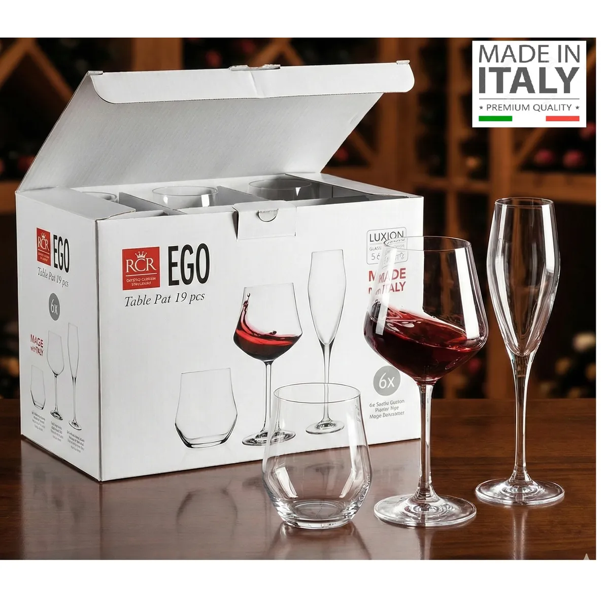 RCR - Set de Copas + Vasos 18 Piezas Modelo EGO - RCR - 100% Hecho en Italia
