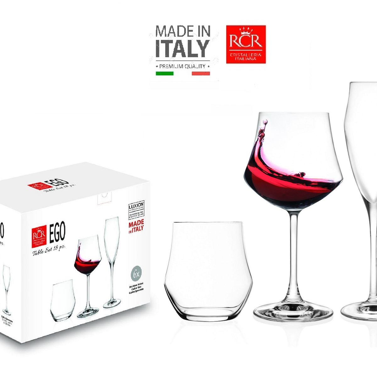 RCR - Set de Copas + Vasos 18 Piezas Modelo EGO - RCR - 100% Hecho en Italia