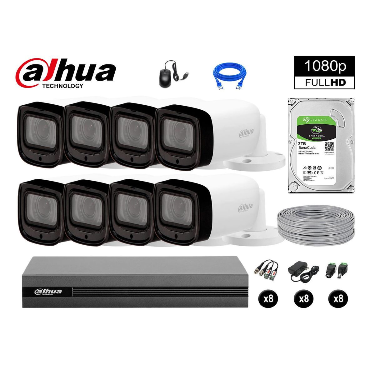 DAHUA - CÁMARAS SEGURIDAD EXTERIOR KIT 8 VARIFOCAL 1080P + DISCO 2TB P2P