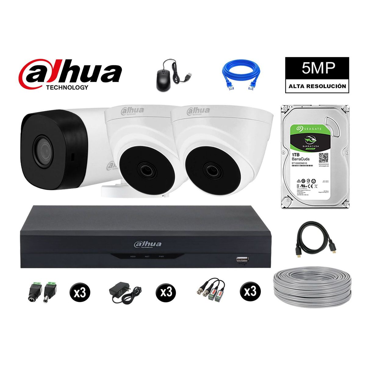 DAHUA - CÁMARAS SEGURIDAD KIT 3 5MP + DISCO 1TB COMPLETO HDMI