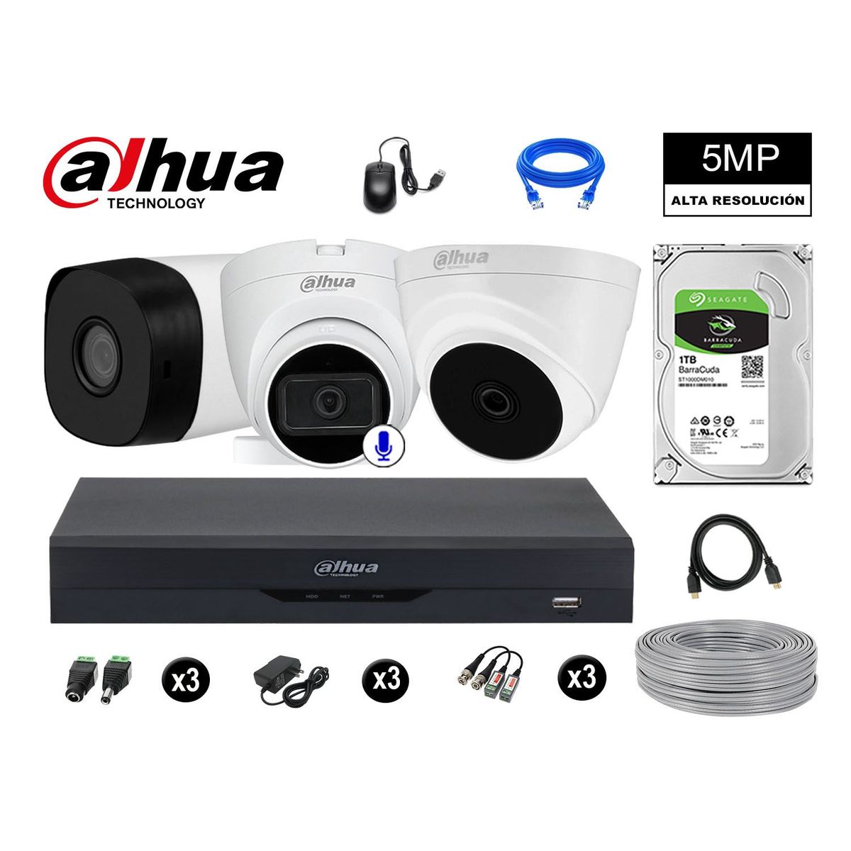 DAHUA - CÁMARAS SEGURIDAD KIT 3 5MP + DISCO 1TB - 01 CAMARA CON AUDIO P2P