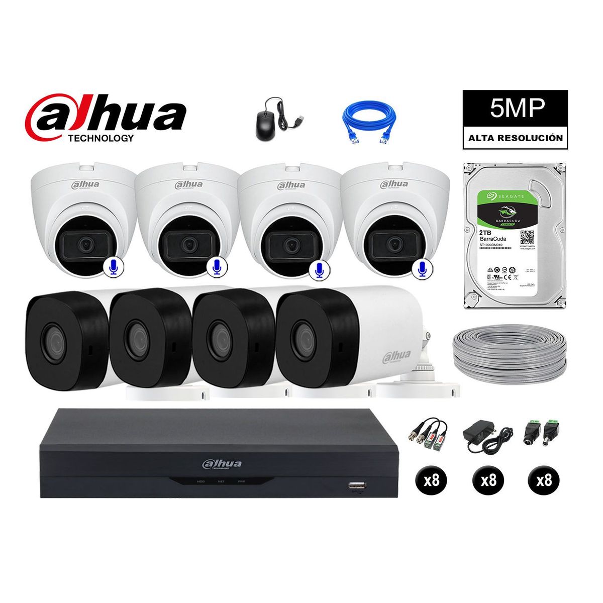 DAHUA - CÁMARAS SEGURIDAD KIT 8 5MP + DISCO 2TB - 04 CAMARAS CON AUDIO P2P