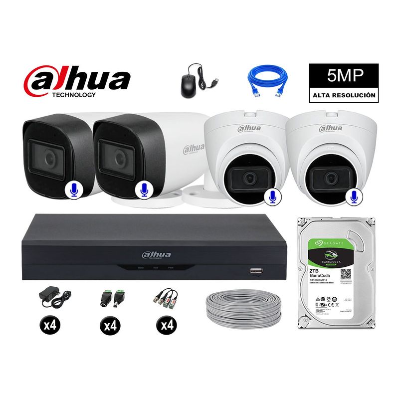 DAHUA - CÁMARAS SEGURIDAD KIT 4 5MP + DISCO 2TB AUDIO INCORPORADO P2P COMPLETO