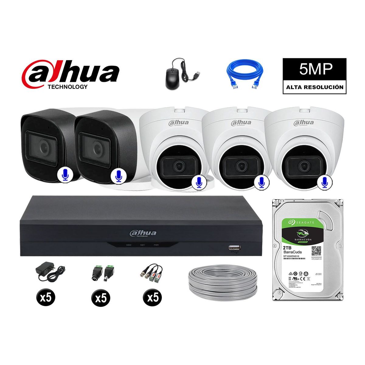 DAHUA - CÁMARAS SEGURIDAD KIT 5 5MP + DISCO 2TB AUDIO INCORPORADO P2P COMPLETO