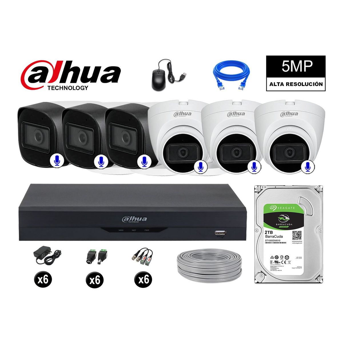 DAHUA - CÁMARAS SEGURIDAD KIT 6 5MP + DISCO 2TB AUDIO INCORPORADO P2P COMPLETO