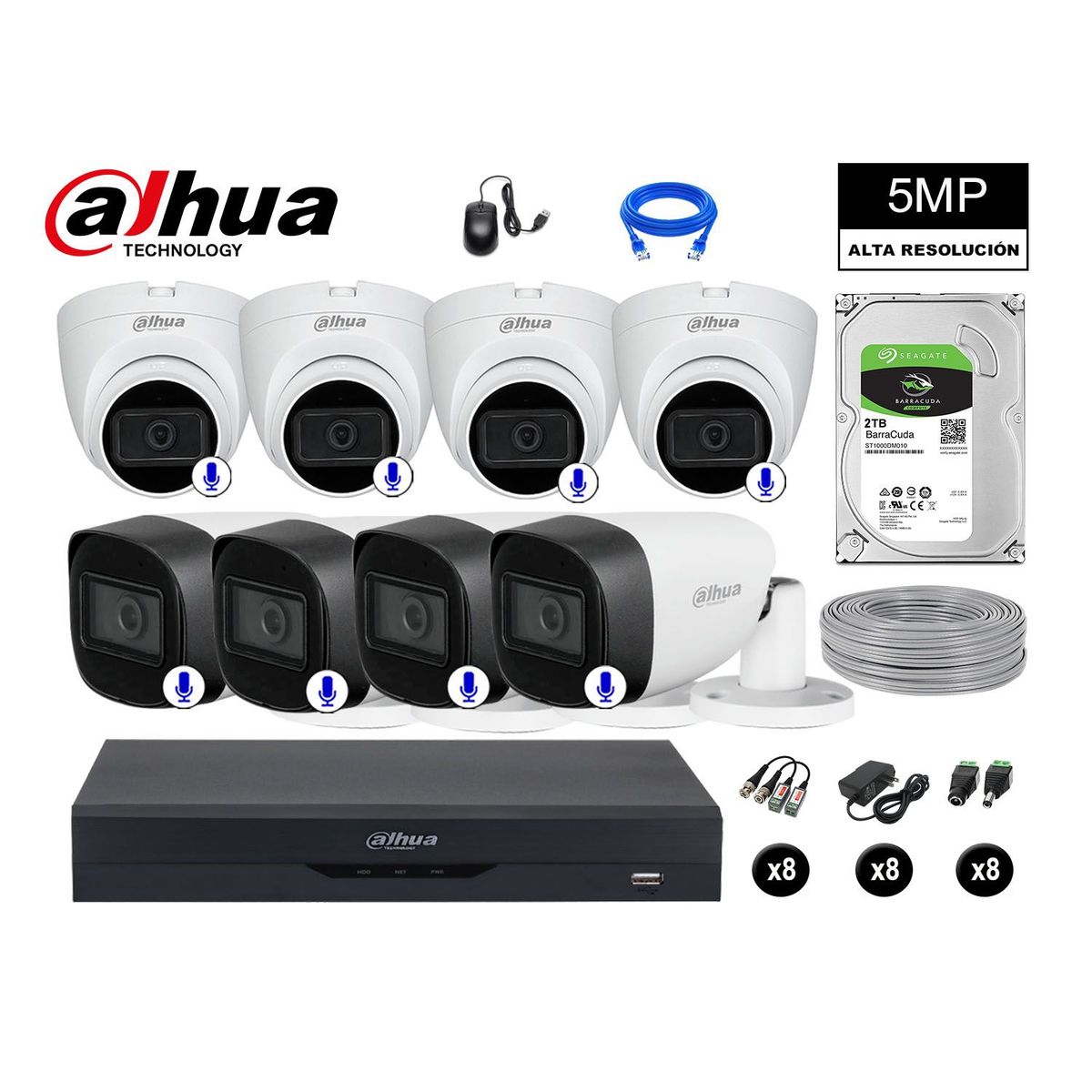 DAHUA - CÁMARAS SEGURIDAD KIT 8 5MP + DISCO 2TB AUDIO INCORPORADO P2P COMPLETO