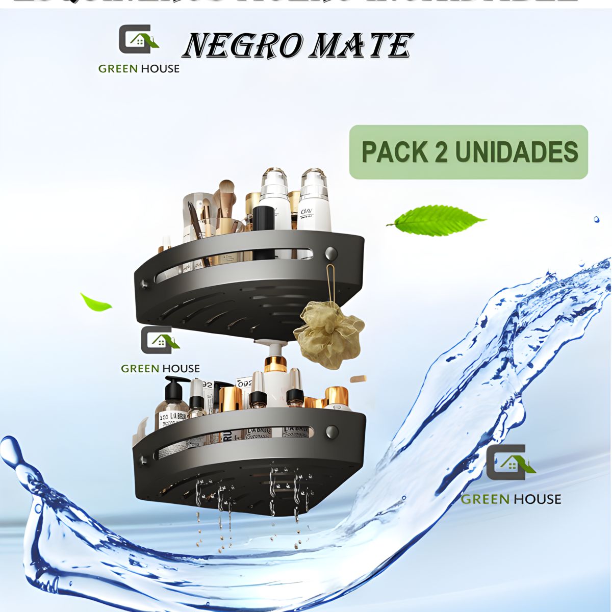 GREEN HOUSE - ESQUINERO ORGANIZADOR DUCHA- COCINA negro ACERO PACK 2 unidades