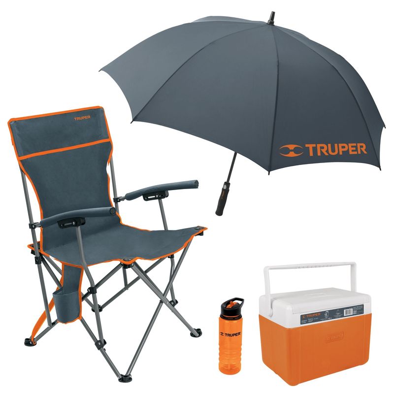 TRUPER - Combo Silla de playa camping plegable sombrilla cooler