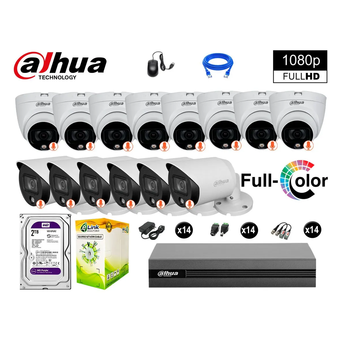 DAHUA - CÁMARAS SEGURIDAD KIT 14 1080P DISCO 2TB VISION NOCTURNA FULL COLOR