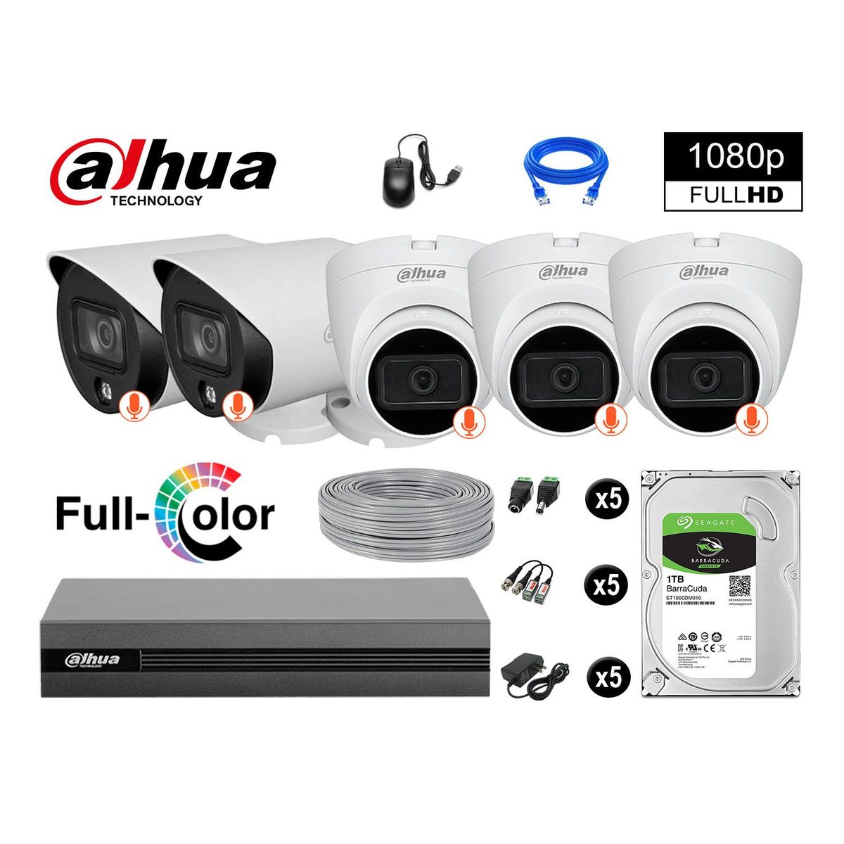 DAHUA - CÁMARAS SEGURIDAD KIT 5 FULL HD DISCO 1TB VISION NOCTURNA FULL COLOR