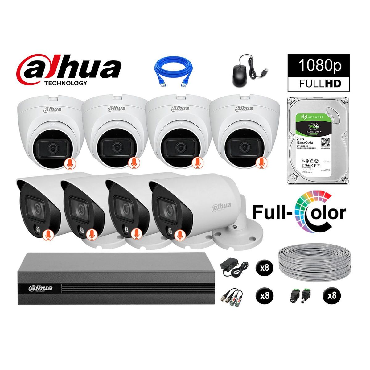 DAHUA - CÁMARAS SEGURIDAD KIT 8 FULL HD DISCO 2TB VISION NOCTURNA FULL COLOR