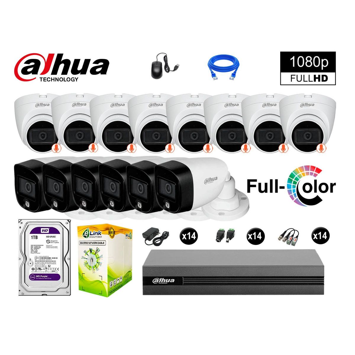 DAHUA - CÁMARAS SEGURIDAD KIT 14 2MP DISCO 1TB VISION NOCTURNA FULL COLOR