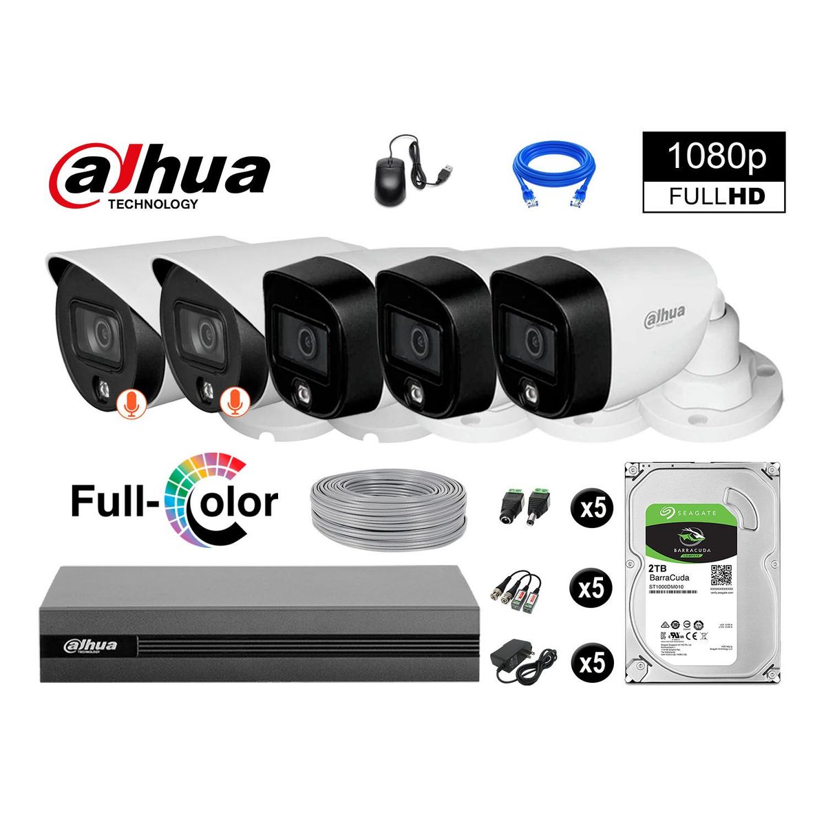 DAHUA - CÁMARAS SEGURIDAD EXTERIOR TUBO KIT 5 1080P VISION NOCHE + DISCO 2TB