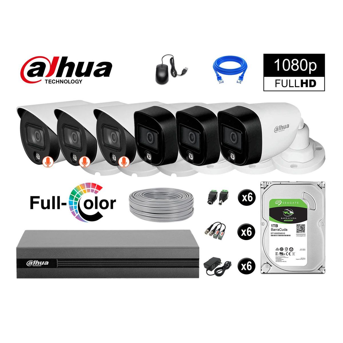 DAHUA - CÁMARAS SEGURIDAD EXTERIOR TUBO KIT 6 1080P VISION NOCHE + DISCO 1TB