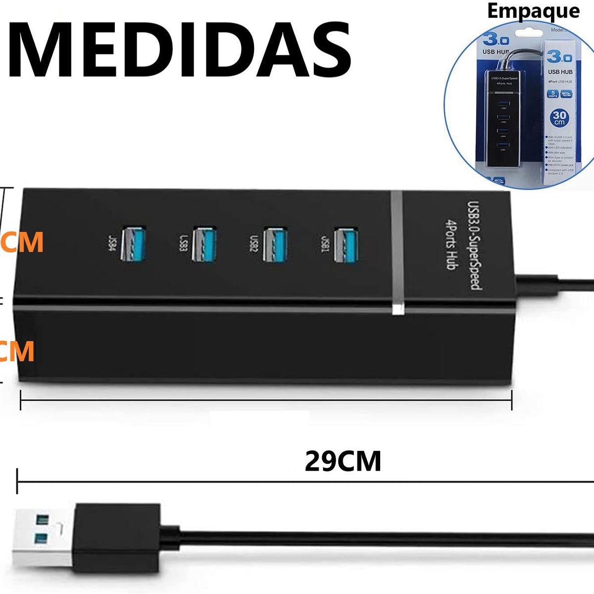 GENERICO - Mini Hub Usb 3.0 De 4 Puertos alta velocidad PC - NEGRO