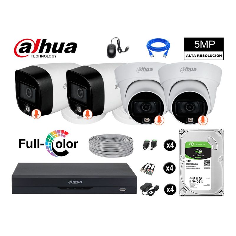DAHUA - CÁMARAS SEGURIDAD KIT 4 5MP + DISCO 1TB VISION NOCTURNA FULL COLOR