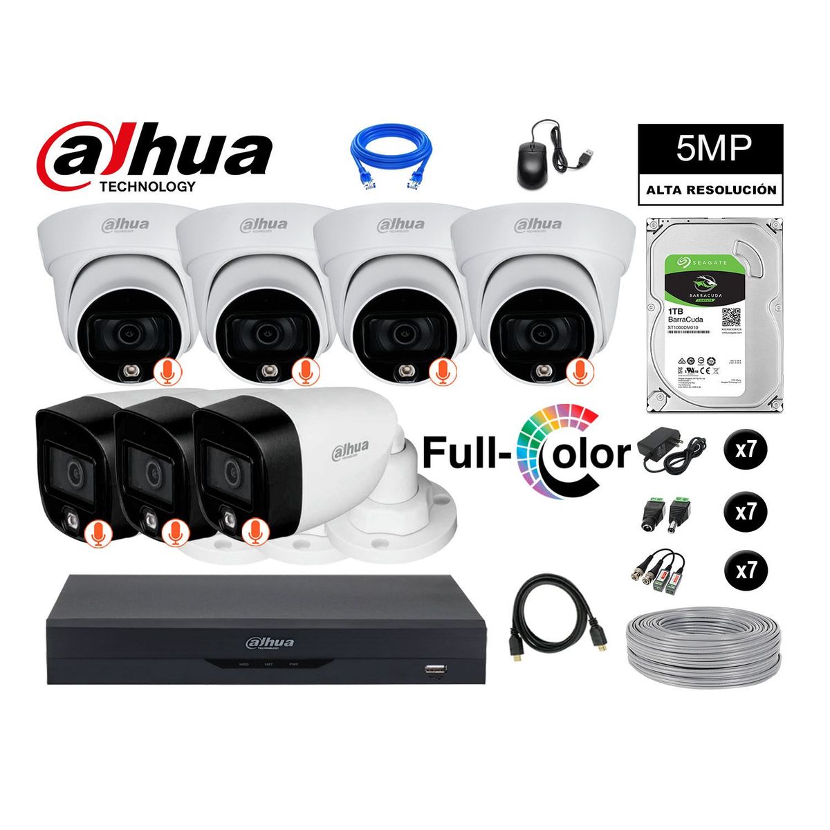 DAHUA - CÁMARAS SEGURIDAD KIT 7 5MP + DISCO 1TB VISION NOCTURNA FULL COLOR