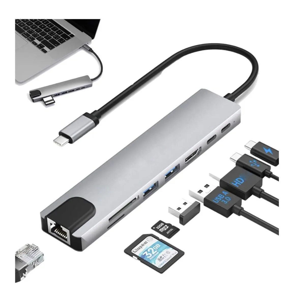 OEM - Adaptador USB tipo C a 8 en 1 HDMI 4K Thunderbolt 3 PD SD TF RJ45 hub