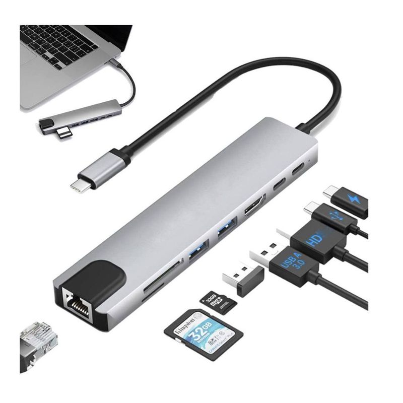 OEM - Adaptador USB tipo C a 8 en 1 HDMI 4K Thunderbolt 3 PD SD TF RJ45 hub