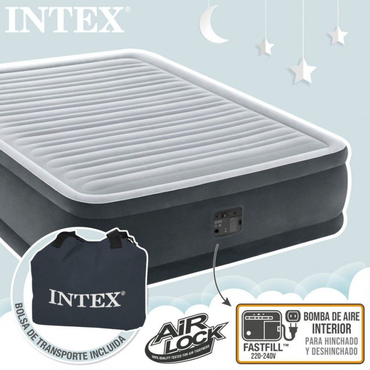 INTEX - COLCHÓN INFLABLE  2 PLAZAS Y MEDIA  INTEX DURA-BEAM DELUXE CON BOMBA INTEGRADA