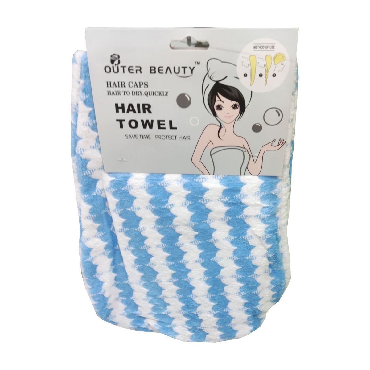 GENERICO - Toalla para el cabello - Celeste con rallas blancas