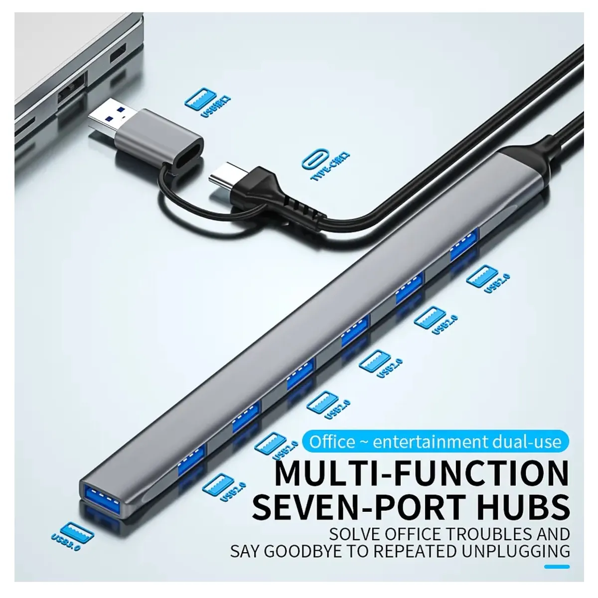 OEM - HUB Conector Dual 7 Puertos USB 3.0 de ALUMINIO Windows, MAC y Android
