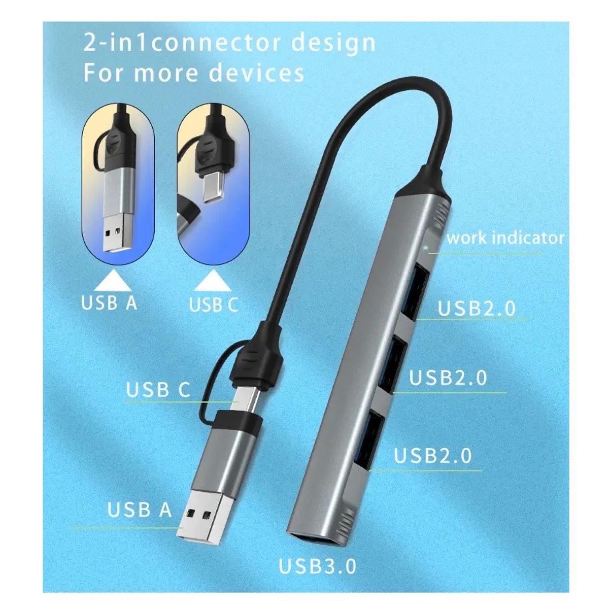 OEM - HUB Conector Dual 4 Puertos USB 3.0 de ALUMINIO Windows, MAC y Android